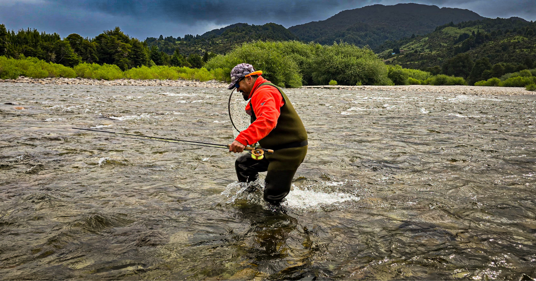Pescador practicando pesca de vadeo en un río de la Región de Aysén